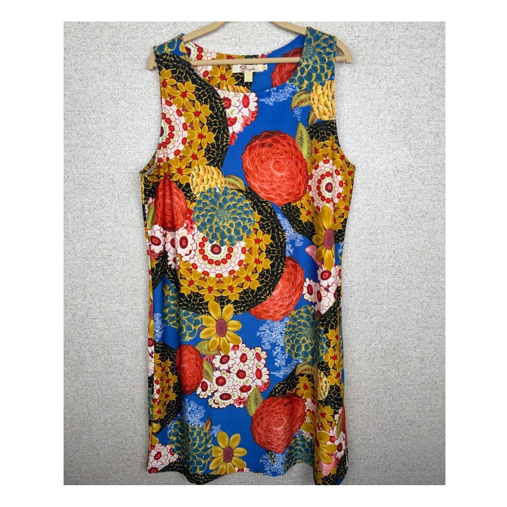 Aryeh Sleeveless Shift Dress — Size L — Blue Multi Floral Dahlia Print